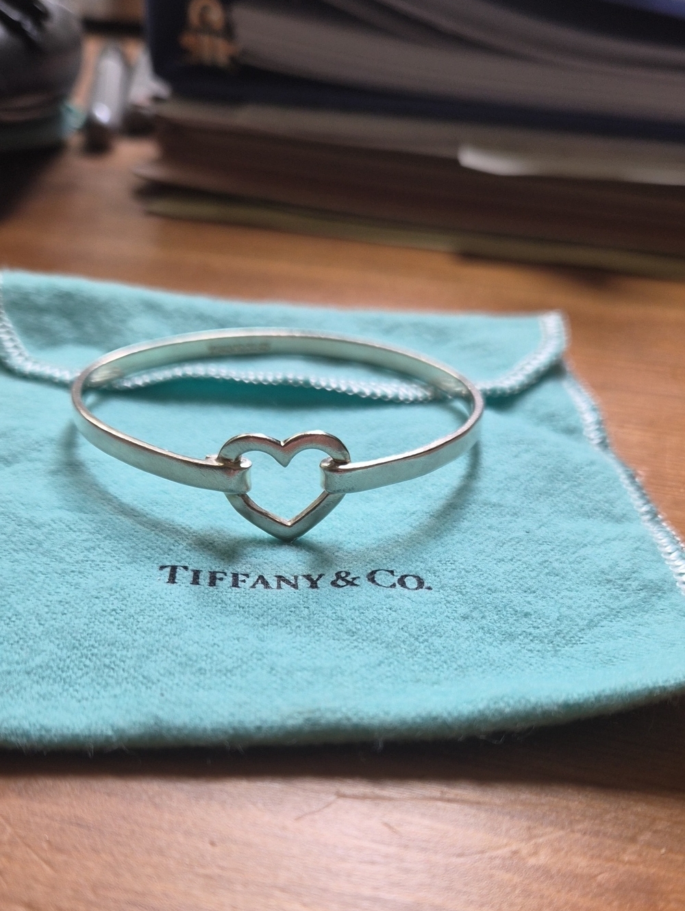 Tiffany & Co. Silver Open Heart Bracelet on Blue Pouch